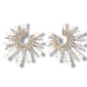 Art Deco Themed Gold Tone Earrings with Clear Crystal and Simulated Pearls NEW